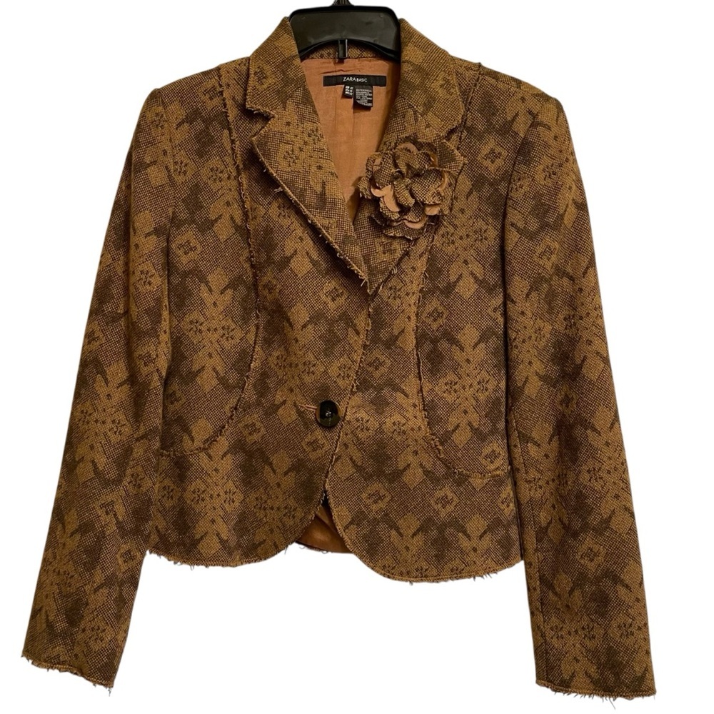 Zara Basic Brown Python Snake Print Fabric Fitted Blazer Flower Detail Size 10